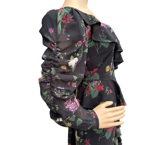AMUR Pasqualena Dress Size 6 Floral Asymmetric Ruffle Puff Sleeve Midi Backless - Picture 10 of 11
